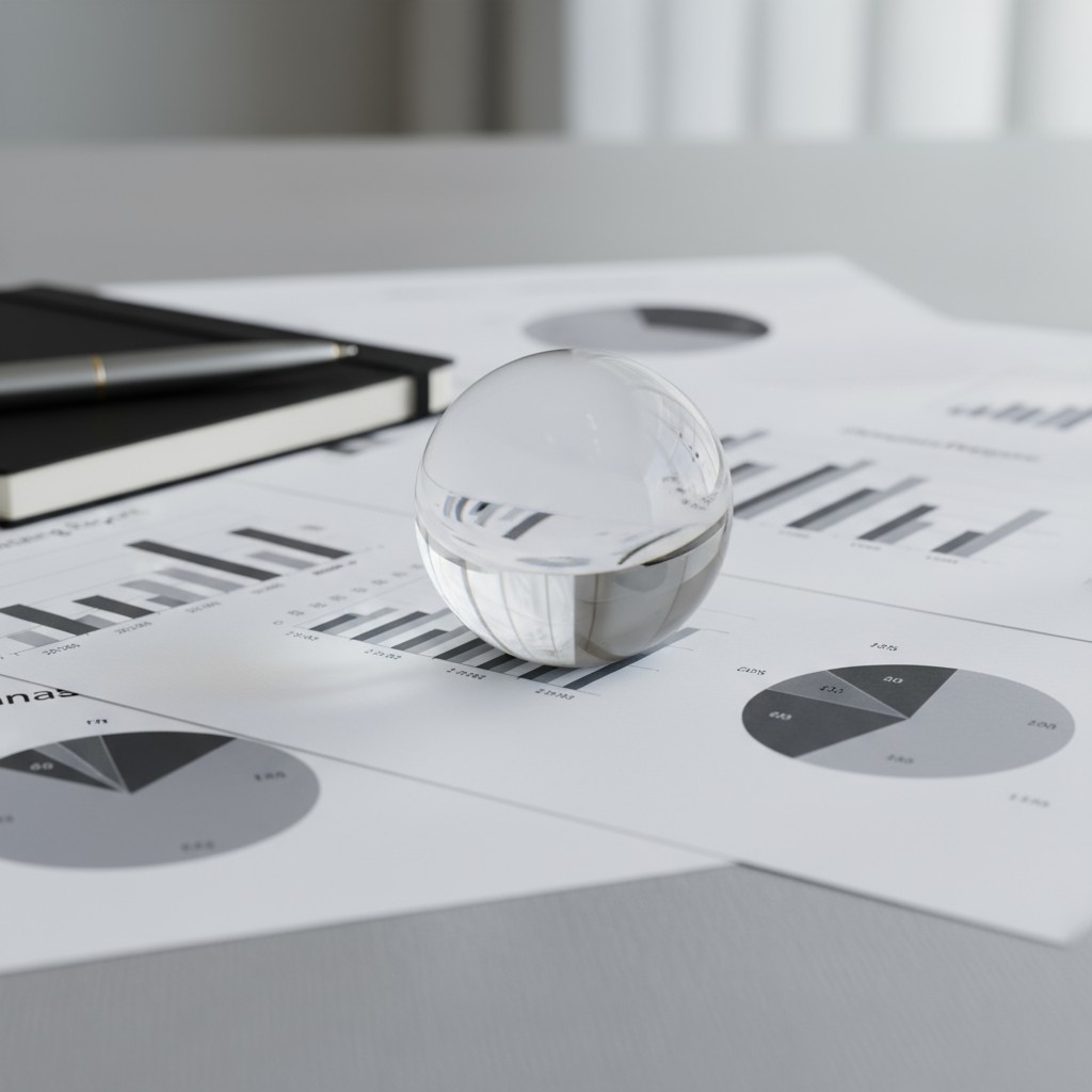 Glass sphere sitting atop three grayscale documents featuring pie and bar graphs, notebooks, and pen in the background.